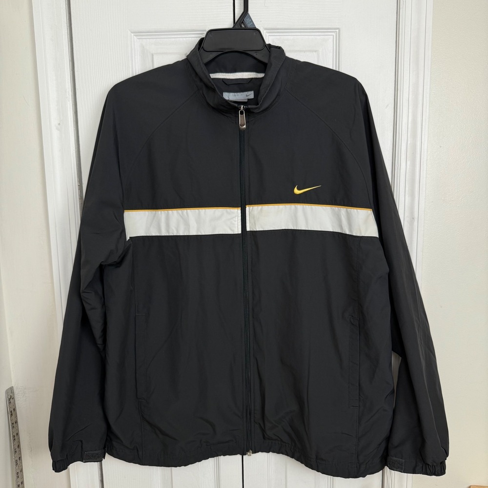 Nike Y2K Windbreaker Jacket Mens XXL Black Gold Swoosh‎ Track Running